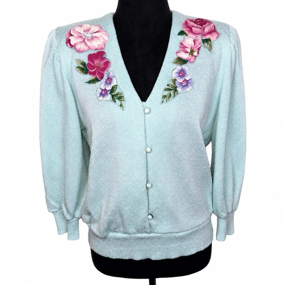 VTG  Anthony Sicari Petites Sweater Sz 8 Floral Appliqué V Neck Mint Blue USA